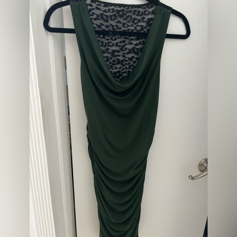Express Army green body con dress with cheetah print lace back